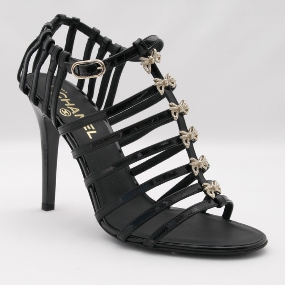CHANEL Patent Leather Caged Bow Sandals